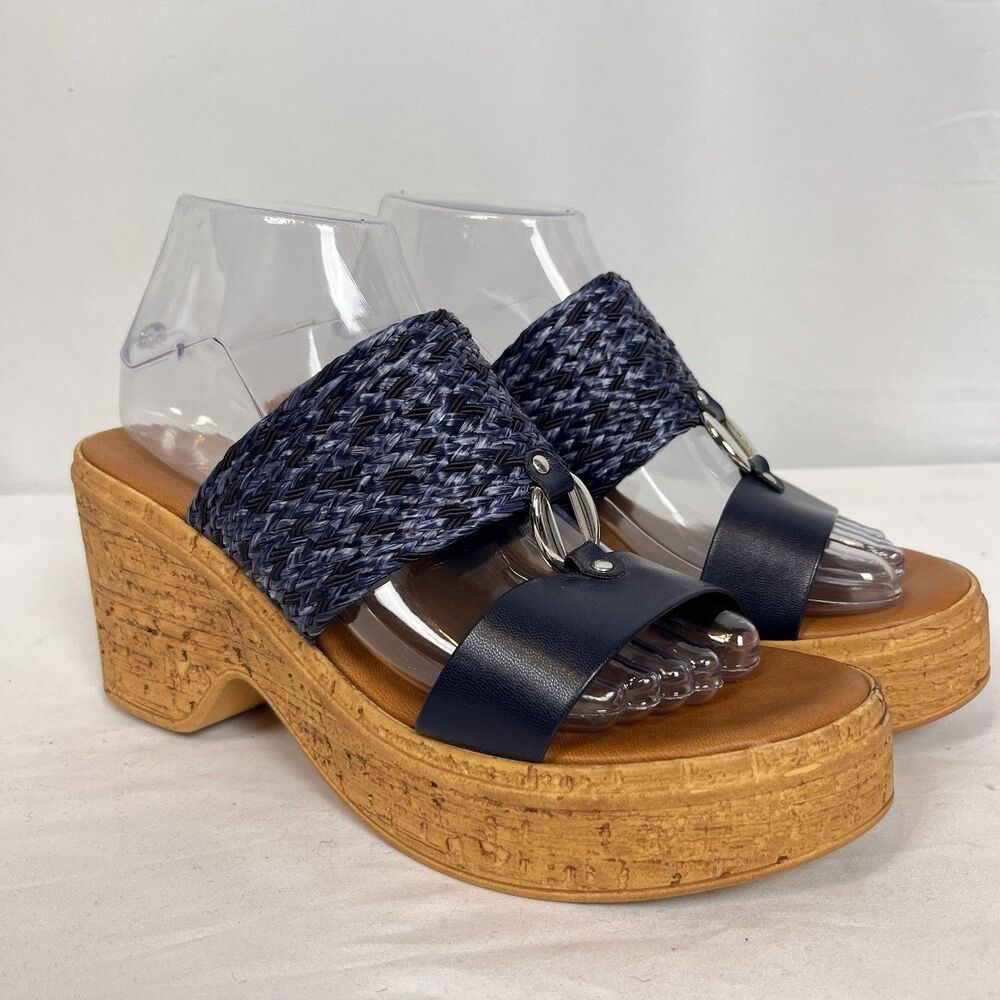 Toscanella Italy Navy Raffia Platform Mule Sandals Womens Size 9 Wedge